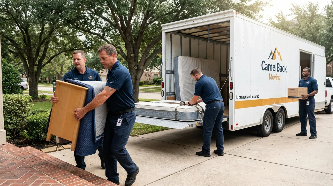 Crew loading residential truck for cross-state move from Mertzon, TX