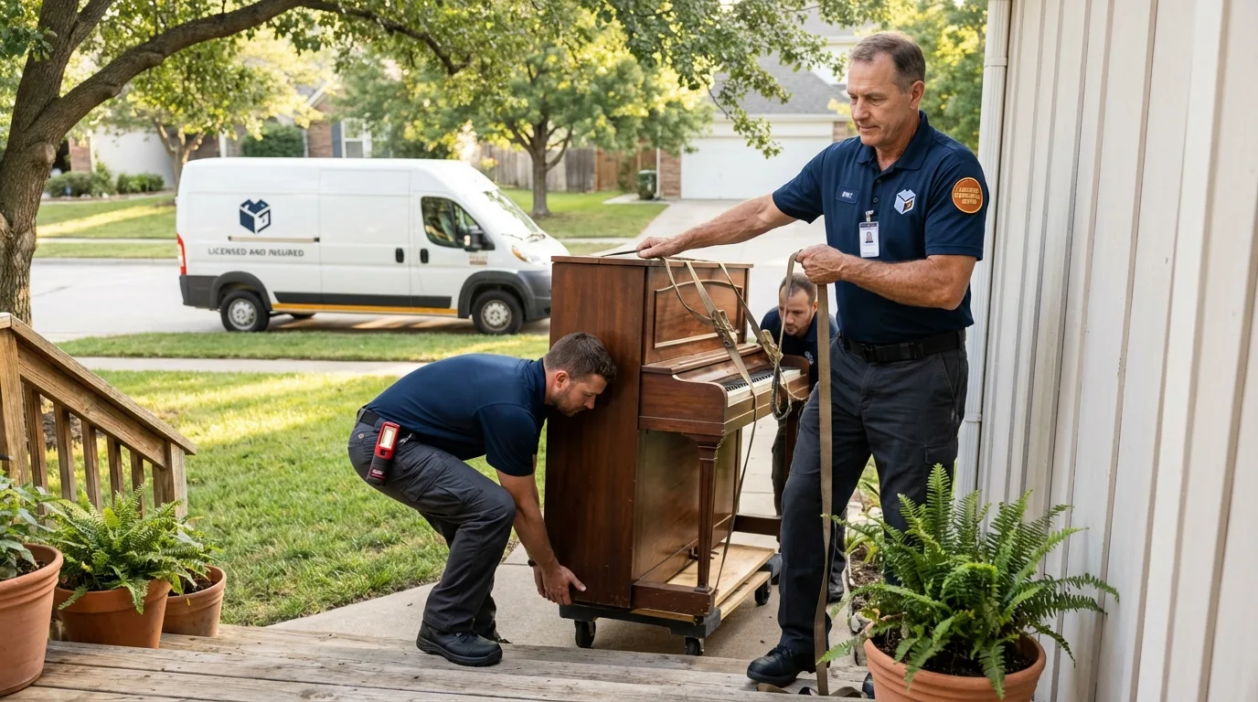 Licensed piano movers securing grand piano in Mertzon, TX