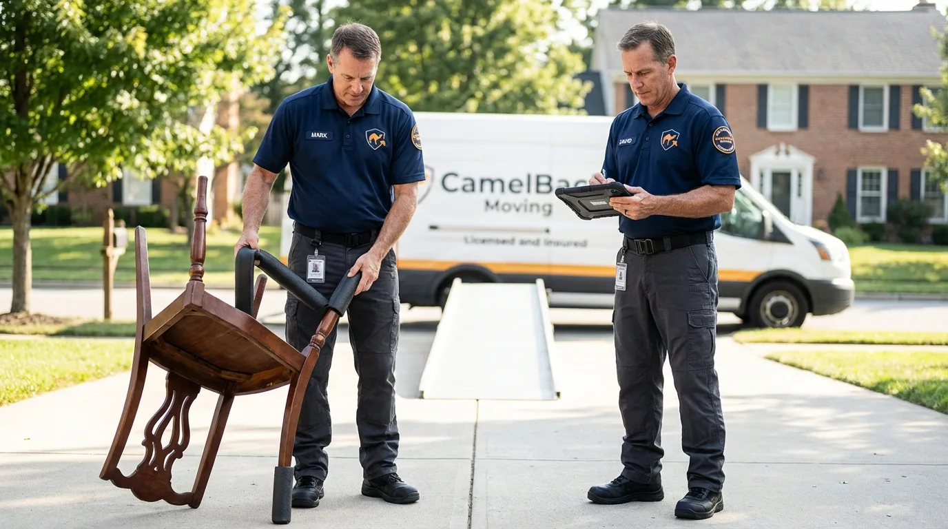 Movers inspecting furniture for damage prevention before loading in Mertzon, TX