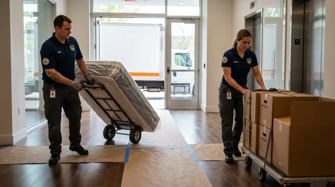 Professional apartment movers loading elevator in Mertzon, TX
