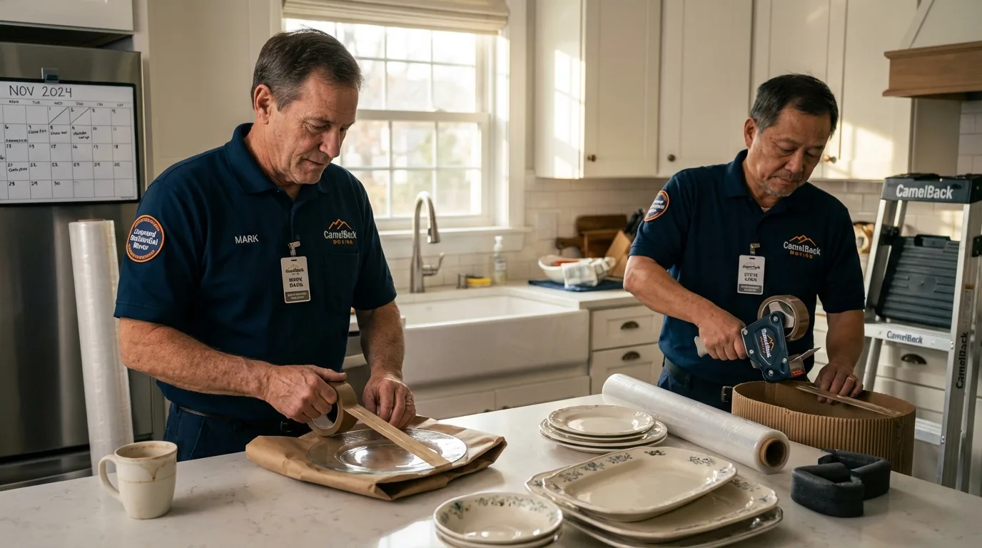 Professional crew packing kitchen dishware in Mertzon, TX